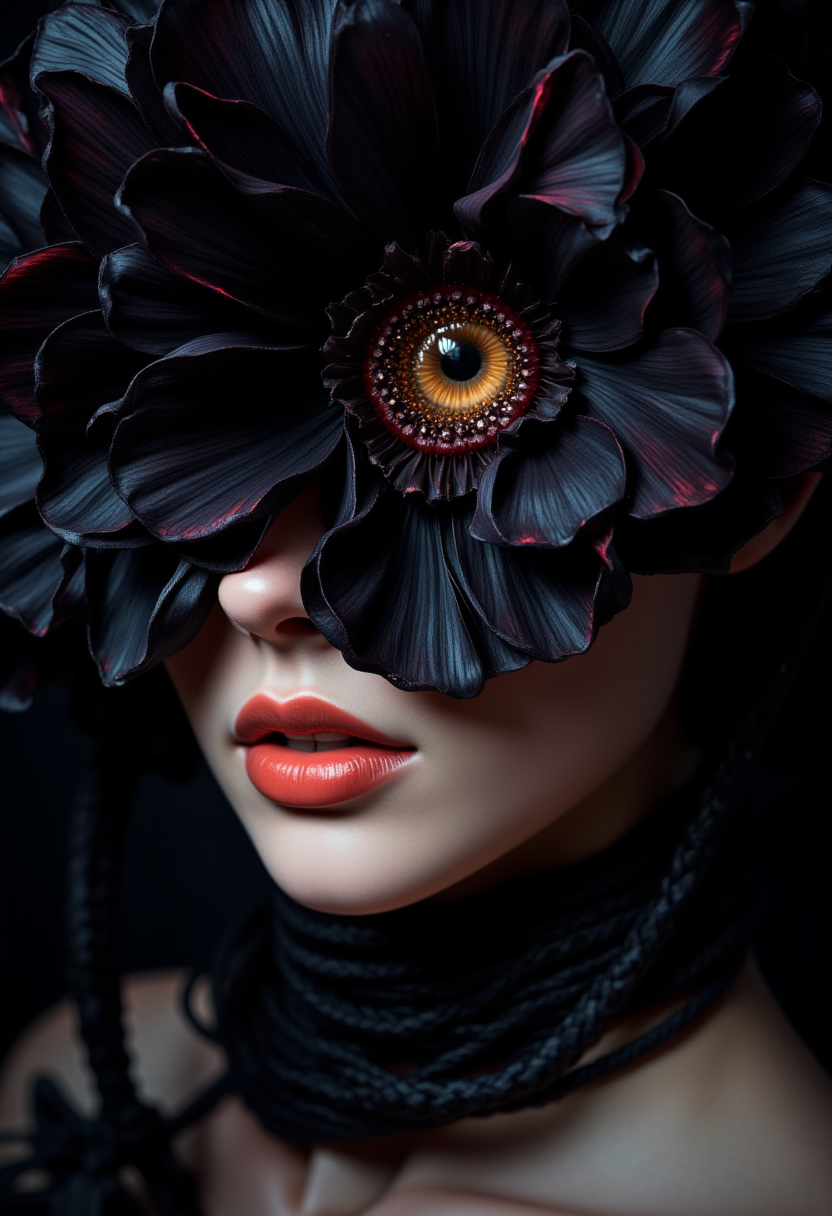 A hyper-realistic digital rendering featuring a surreal composition of a woman's face adorned with a large, black flower that covers her eyes, except for a single, (central eye framed by the flower petals:1.5). The petals are delicate and vivid, with smooth edges that curve gracefully, creating an organic flow. The flower displays soft dark black and dark purple iridescent hues , with the eye's iris in sharp contrast—an amber-gold color with intricate, crystalline detail. The lighting is dramatic, casting subtle shadows on the woman's porcelain skin, highlighting the gloss of her lips and the smooth texture of her complexion. Her lips are plump, in a rich, glossy coral-pink shade. Around her neck, she wears a multi-layered rope that ties her neck gently , with some loose pieces of rope
, which is deep black, drawing attention to the subject in the foreground. The soft lighting creates a sense of depth and adds dimensionality to the image, giving the illusion of a photograph. The overall composition has a dreamlike, fantastical quality with a blend of photorealism and surrealism. 