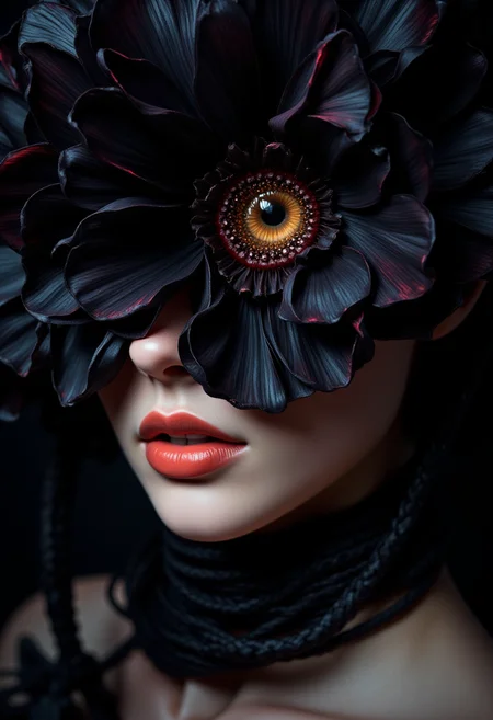 A hyper-realistic digital rendering featuring a surreal composition of a woman's face adorned with a large, black flower that covers her eyes, except for a single, (central eye framed by the flower petals:1.5). The petals are delicate and vivid, with smooth edges that curve gracefully, creating an organic flow. The flower displays soft dark black and dark purple iridescent hues , with the eye's iris in sharp contrast—an amber-gold color with intricate, crystalline detail. The lighting is dramatic, casting subtle shadows on the woman's porcelain skin, highlighting the gloss of her lips and the smooth texture of her complexion. Her lips are plump, in a rich, glossy coral-pink shade. Around her neck, she wears a multi-layered rope that ties her neck gently , with some loose pieces of rope
, which is deep black, drawing attention to the subject in the foreground. The soft lighting creates a sense of depth and adds dimensionality to the image, giving the illusion of a photograph. The overall composition has a dreamlike, fantastical quality with a blend of photorealism and surrealism.