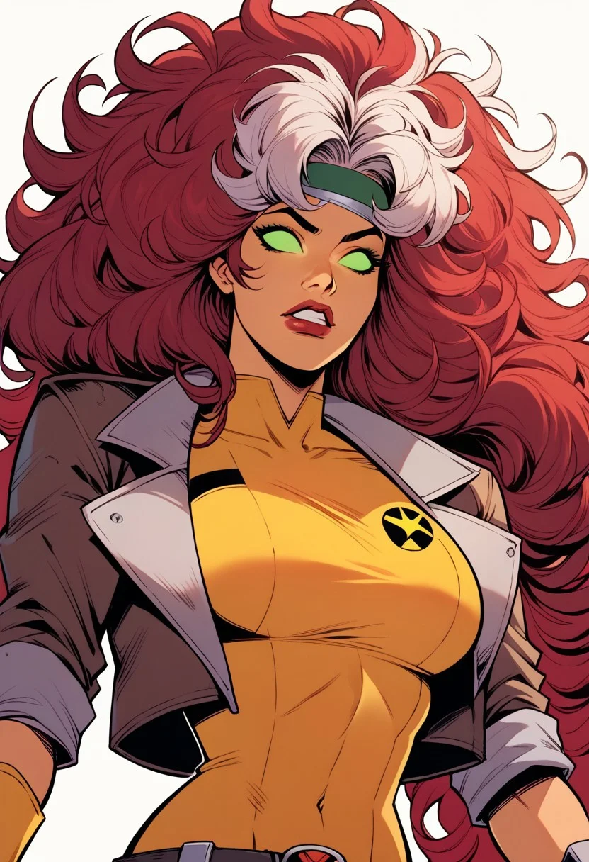 score_9, score_8_up, score_7_up, 1girl, solo, StarfireDG, DEFRogue, green eyes, no pupils, lipstick, red hair, two-tone hair, long hair, white bangs, dyed bangs, messy hair, headband, big breasts, cropped jacket, brown jacket, yellow bodysuit, long bodysuit, yellow gloves, belt, yellow boots, full clothed, happy,<lora:Starfire_PonyXL:0.8> <lora:r0gue:0.9>