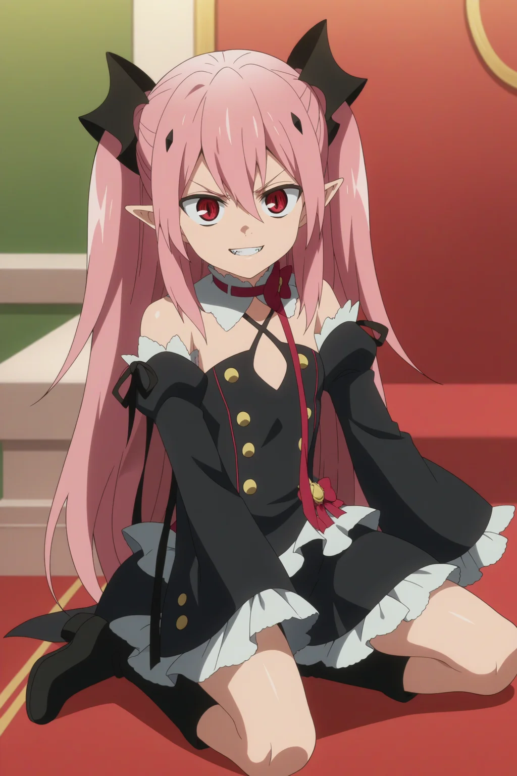 1girl,solo,krul tepes,pointy ears,smile,parody,long hair,detached sleeves,black footwear,from bottom,vampire,teeth,clenched teeth,bare shoulders, ribbon,black dress,hair ornament,indoors,castle,split eyes,<lora:Krul_Tepes_-_Owari_no_Seraph.safetensors:0.8>