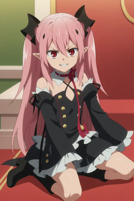 1girl,solo,krul tepes,pointy ears,smile,parody,long hair,detached sleeves,black footwear,from bottom,vampire,teeth,clenched teeth,bare shoulders, ribbon,black dress,hair ornament,indoors,castle,split eyes,<lora:Krul_Tepes_-_Owari_no_Seraph.safetensors:0.8>