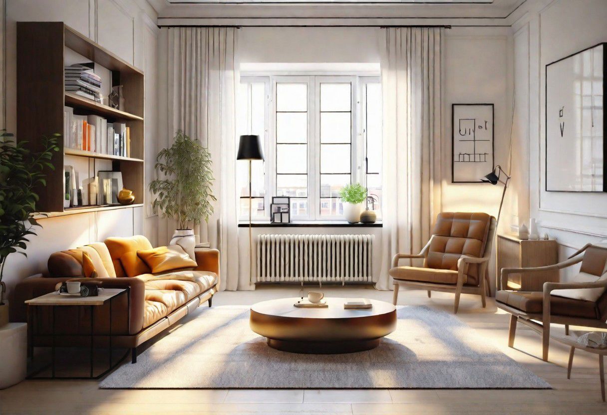 ((front view)), ((animation style)), modern-style interior, with white walls, (large windows), Nordic-style furniture, a  study, Sofa, coffee table, bookcase, single wall, 
warm light morning sun, (the view of the city)