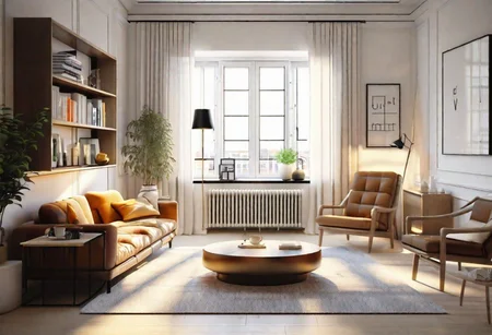 ((front view)), ((animation style)), modern-style interior, with white walls, (large windows), Nordic-style furniture, a  study, Sofa, coffee table, bookcase, single wall, 
warm light morning sun, (the view of the city)
