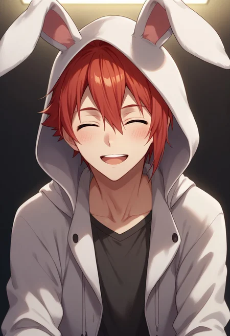 score_9, score_8_up, score_7_up, source_anime, highly detailed,
rikunanase, 1boy, male focus, solo, red hair, smile, open mouth, closed eyes, looking at viewer, blush,
animal hood,
hair between eyes,
hood up,
rabbit hood,
hooded jacket,
indoor,