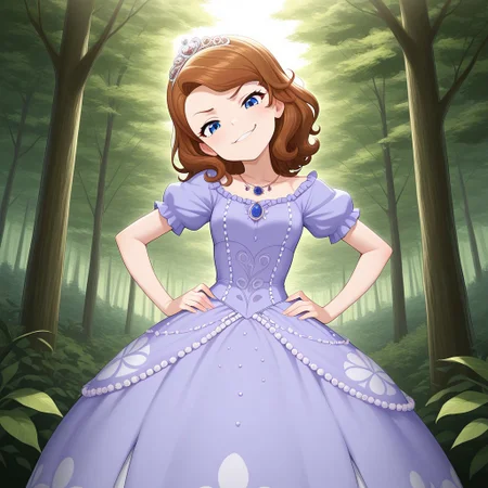 masterpiece, best quality, break, sofia_tf, brown hair, blue eyes, tiara, dress, necklace, hands on hips, smirk, looking at viewer, leaning, head tilt, tree, natural lighting
