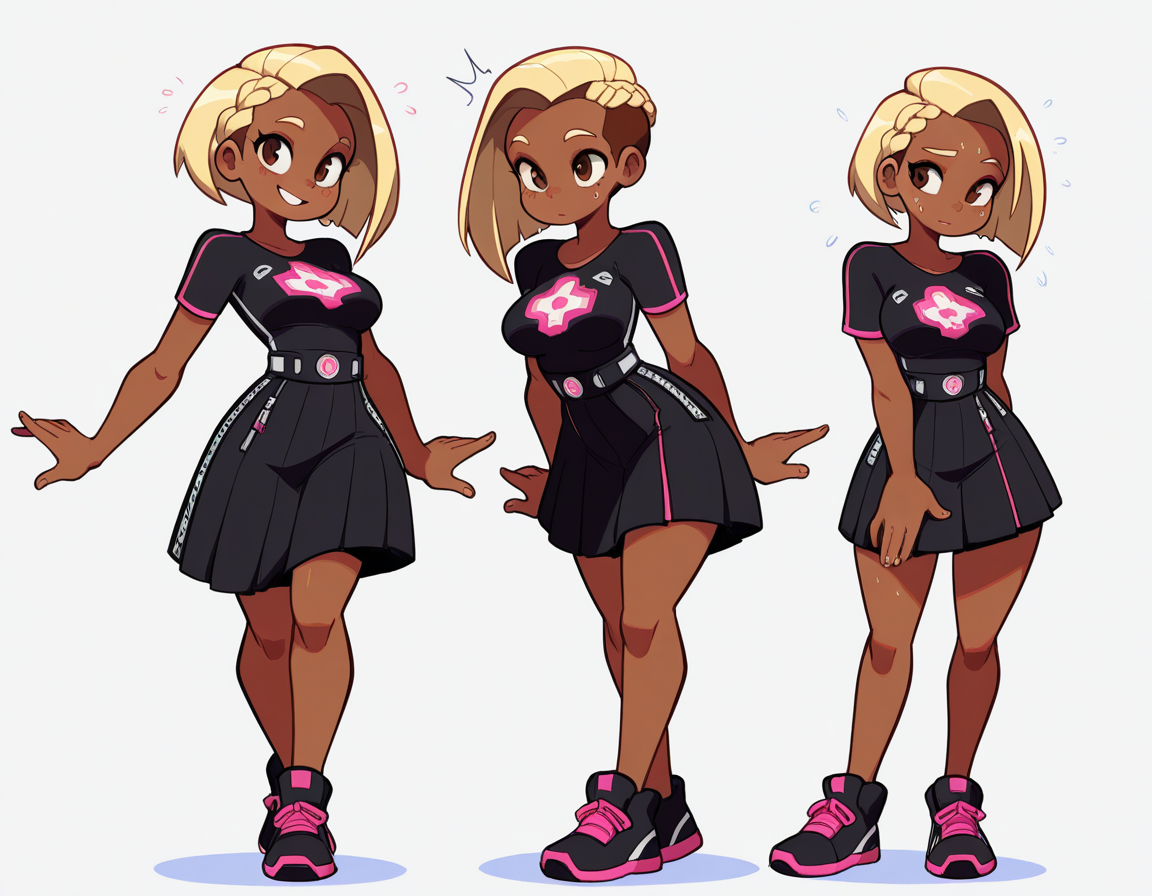 1_girl, brown eyes,  very short  rainbow color French braid , sweating , <lora:ChocolateSkin:1> very_dark_skin , lanky body , (medium breasts) , happy expression ,   purple neon futuristic top, side cut skirt , (MoreOutfits:1.5), (clothes variation), unique (multiple views:1), (3views), full body, looking at viewer, cool pose, (dynamic_pose:1.2), wide shot, (white background:1), (masterpiece:1.2), (best quality, highest quality), (ultra detailed), (8k, 4k, intricate), detailed eyes, BREAK, (vivid high contrast colors), (expressive energetic ), short cartoony simplistic angular art style mix of wakfu, (speedoru:0.6), (diives:0.7),  
 <lora:DarkfireToon2:0.3>     <lora:last:0.5>