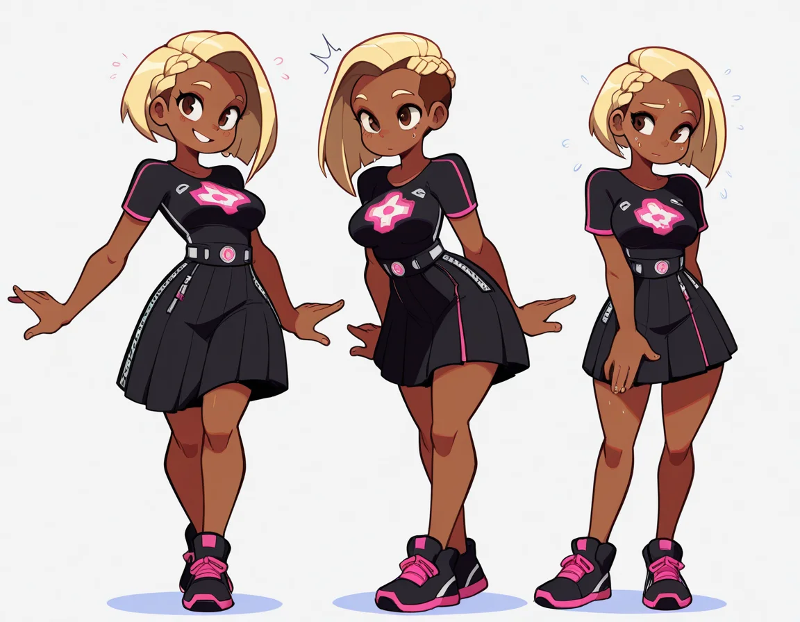 1_girl, brown eyes, very short rainbow color French braid , sweating , <lora:ChocolateSkin:1> very_dark_skin , lanky body , (medium breasts) , happy expression , purple neon futuristic top, side cut skirt , (MoreOutfits:1.5), (clothes variation), unique (multiple views:1), (3views), full body, looking at viewer, cool pose, (dynamic_pose:1.2), wide shot, (white background:1), (masterpiece:1.2), (best quality, highest quality), (ultra detailed), (8k, 4k, intricate), detailed eyes, BREAK, (vivid high contrast colors), (expressive energetic ), short cartoony simplistic angular art style mix of wakfu, (speedoru:0.6), (diives:0.7),
<lora:DarkfireToon2:0.3> <lora:last:0.5>