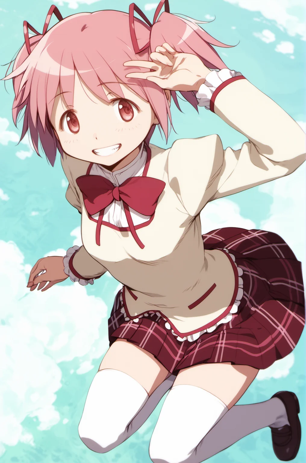kaname madoka,madoka \(Puella Magi Madoka Magica\),1girl,short twintails,mitakihara school uniform,plaid skirt,short hair,thighhighs,<lora:madoka_pony:1>,official style,grin,jumping,from_above,, score_9,score_8_up,score_7_up,score_6_up,score_5_up,score_4_up,