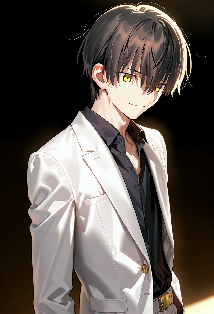 ((masterpiece, best quality, amazing quality, very aesthetic, absurdres)), 
Takeuchi takashi, ((solo)), calm, smile, closed mouth, 1boy, solo, peaceful, closed mouth, slim_build, detailed eyes, (((yagami_light face))), (((black hair, yellow eyes))), ((short hair, hair between eyes)), (((white suit, open suit, black shirt, collared shirt, black slacks))), no background, dark background, sideshot, cowboy shot, dark background, portrait,
