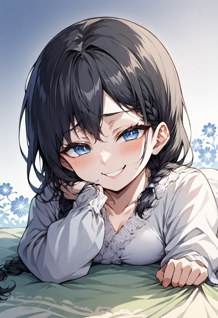 score_9, score_7_up, source_anime, uncensored, zPDXLxxx, <lora:intricate_details:1> intricate_details_xl, gradient background, floral background, cowboy shot,
1girl, solo, adult, black hair, low-braided long hair, medium hair, blue eyes, looking at viewer, hanten, <lora:Mesugaki_Concept_v1.1:1> mesugaki, smug, on stomach