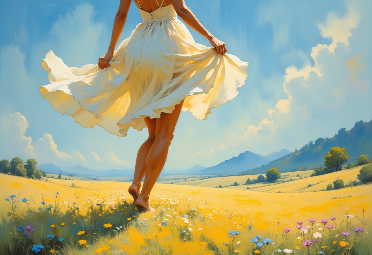 A close-up from behind, capturing just the curve of her thighs and the soft arch of her back as she walks through the summer meadow. The camera focuses on her legs, which are slightly parted, her thighs toned and glistening under the gentle sunlight, the soft fabric of her skirt blowing in the breeze. The wind lifts the hem of the skirt just enough to reveal a hint of delicate lace at the edge of her slip, a subtle yet alluring detail that catches the eye. The light pastels of the meadow blend softly with her skin, with the faint pinks and blues reflecting in the quiet beauty of the moment. Her back, slender and smooth, arches ever so slightly with each graceful step, the sun casting a warm glow over her skin. In the background, the sky is a perfect summer blue, with fluffy, distant clouds, as though the world is watching in peaceful silence. The focus is entirely on her form—the delicate curve of her back, the graceful bend of her legs, and the way the wind interacts with her clothing, evoking a sense of freedom and natural beauty. The scene is quiet, intimate, and sensual, without needing to show more—just the suggestion of something beautiful and alluring in its simplest form.