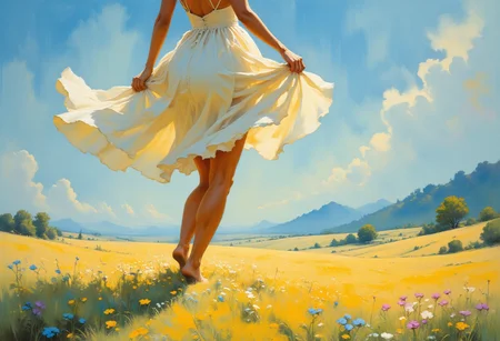 A close-up from behind, capturing just the curve of her thighs and the soft arch of her back as she walks through the summer meadow. The camera focuses on her legs, which are slightly parted, her thighs toned and glistening under the gentle sunlight, the soft fabric of her skirt blowing in the breeze. The wind lifts the hem of the skirt just enough to reveal a hint of delicate lace at the edge of her slip, a subtle yet alluring detail that catches the eye. The light pastels of the meadow blend softly with her skin, with the faint pinks and blues reflecting in the quiet beauty of the moment. Her back, slender and smooth, arches ever so slightly with each graceful step, the sun casting a warm glow over her skin. In the background, the sky is a perfect summer blue, with fluffy, distant clouds, as though the world is watching in peaceful silence. The focus is entirely on her form—the delicate curve of her back, the graceful bend of her legs, and the way the wind interacts with her clothing, evoking a sense of freedom and natural beauty. The scene is quiet, intimate, and sensual, without needing to show more—just the suggestion of something beautiful and alluring in its simplest form.