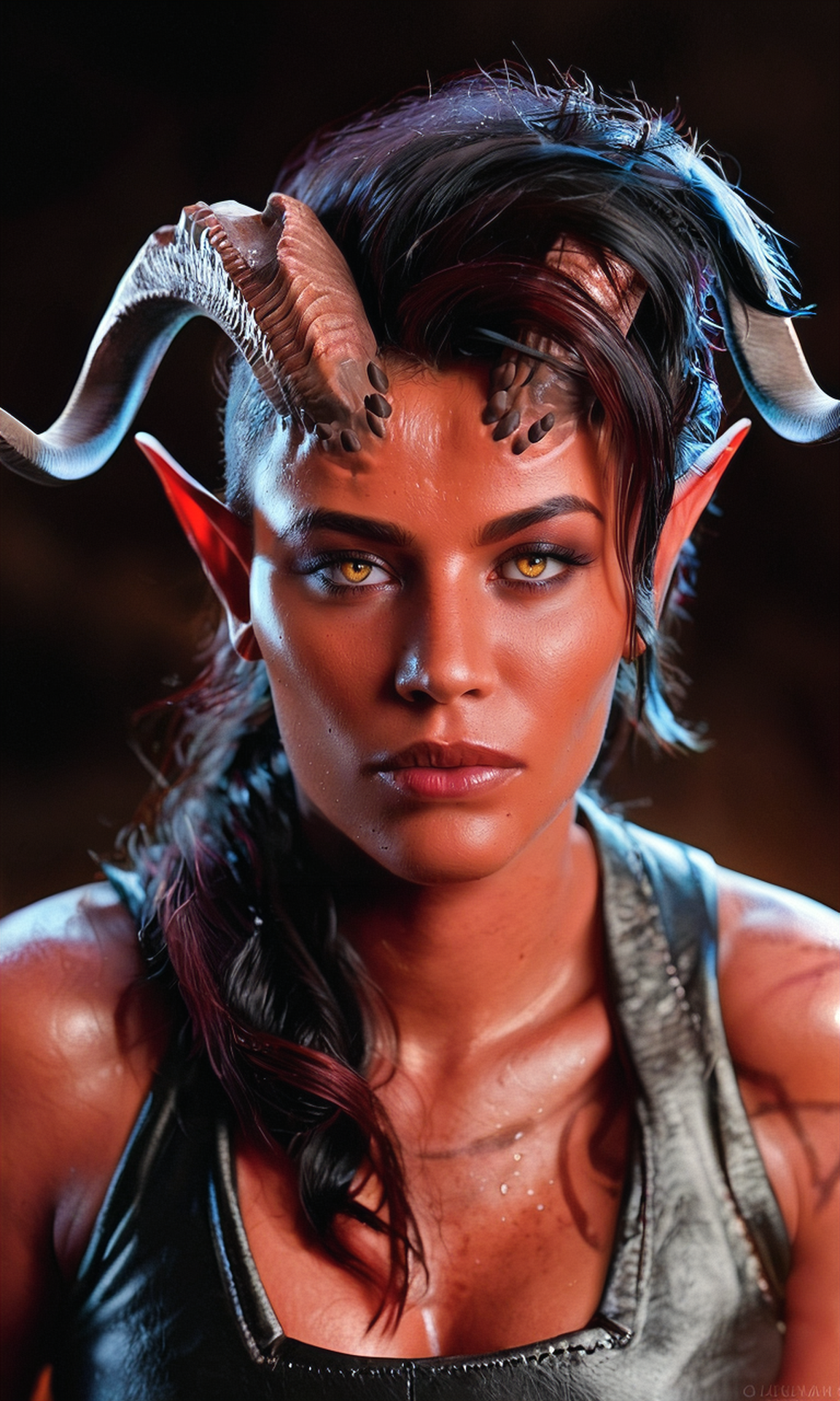score_9, score_8_up, score_7_up, BREAK, zy_karlach, 1girl, horns, black hair, red skin, yellow eyes, demon girl, portrait, realistic, photo, real hair, detailed skin, hell, highly detailed, detailed skin, depth of field, film grain, <lora:zy_Karlach_PonyRealism_v1:0.7>