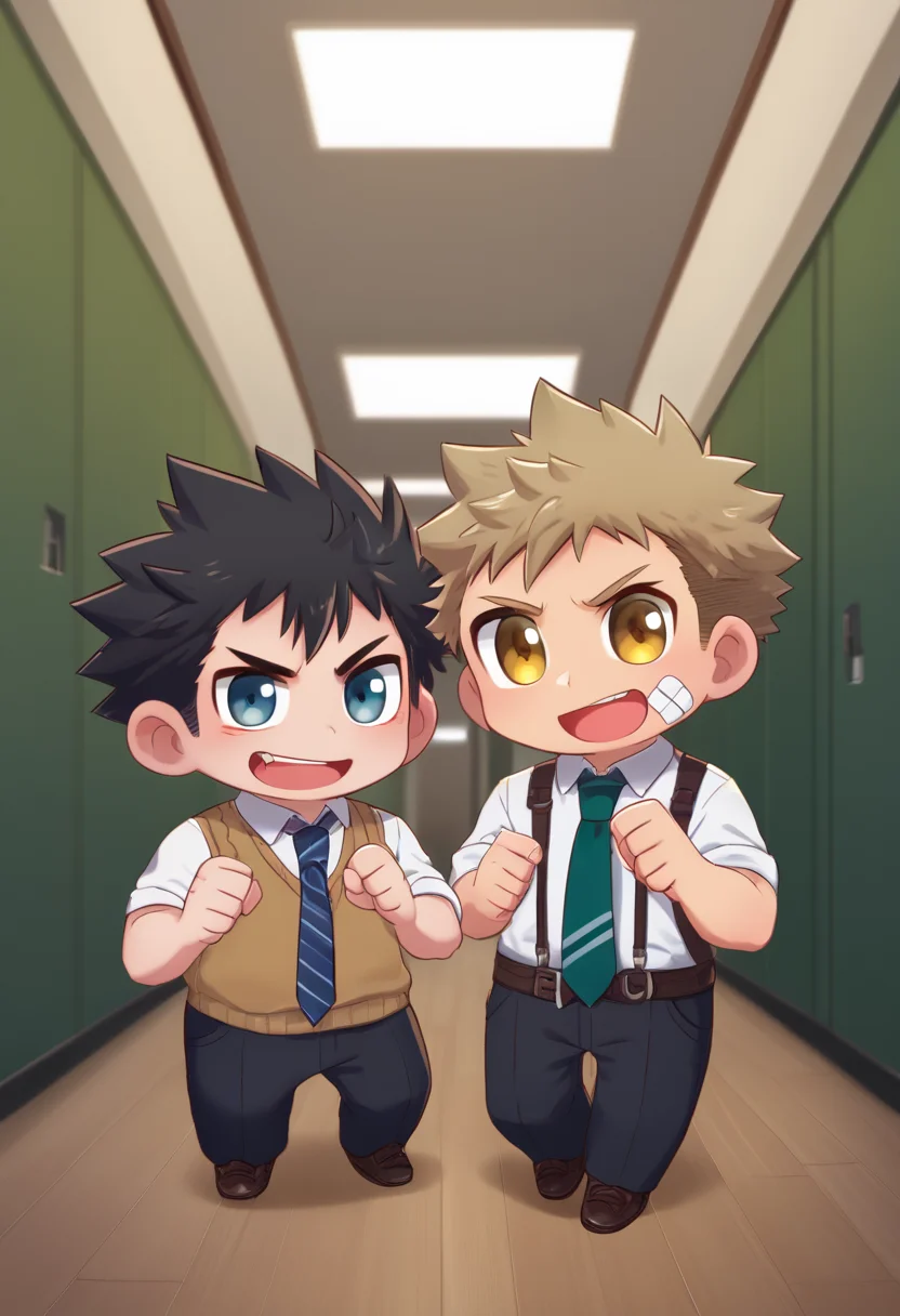 score_9, score_8_up, score_7_up, score_6_up, score_5_up, score_4_up, BREAK,
2boys, chibi, delinquent, happy, side-by-side, tie, school uniform, black pants, hallway, clenched hand, spiked hair, bandage on face,