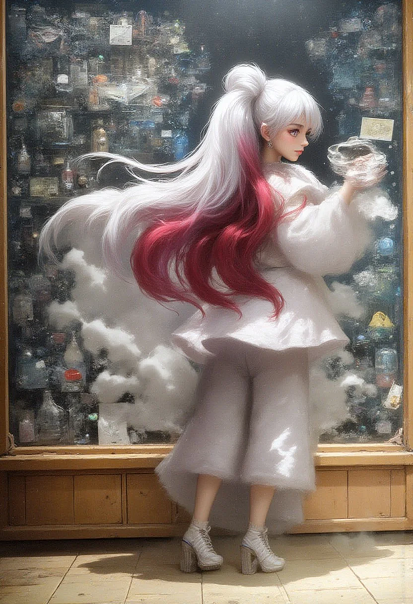 masterpiece, detailifier, shaders, perfect shadows, perfect lightning, perfect shaders, real anime style, detail eyes, magic eyes, de01, high resolution, high definition, 4k, great details, high quality, detailed, high detailed anime style, girl with long white and red hair, white sports shirt and long sports shorts, white socks, old tennis shoes, would be looking at a display case which sells various products, these would have their price (randomly over 1000) and with a small yellow buzz symbol (yellow lightning) replacing the dollar symbol, minimalist shop, minimalist ambient, the display case would be very well decorated and detailed, a sign in the display case that says only buzz are accepted, from the girl would come out a cloud that represents her thought which has an empty wallet and next to it a yellow buzz symbol (yellow lightning), hair simulating movement, detailed hair, detailed image, realistic hair movement simulation, extremely detailed hair, realistic hair, beautiful face, gorgeous face, perfect face, display case with valuable items, has a smile of excitement when seeing something, A illustration in the rimixa style, anatomically perfect body, sign, buzz simbol, buzz image, cloud hair, minimalist style, legible letters, English words, ponytail, fluffy hair, minimalist shop, minimalist ambient, fitness body, beautiful face