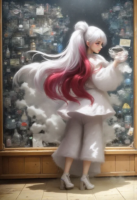 masterpiece, detailifier, shaders, perfect shadows, perfect lightning, perfect shaders, real anime style, detail eyes, magic eyes, de01, high resolution, high definition, 4k, great details, high quality, detailed, high detailed anime style, girl with long white and red hair, white sports shirt and long sports shorts, white socks, old tennis shoes, would be looking at a display case which sells various products, these would have their price (randomly over 1000) and with a small yellow buzz symbol (yellow lightning) replacing the dollar symbol, minimalist shop, minimalist ambient, the display case would be very well decorated and detailed, a sign in the display case that says only buzz are accepted, from the girl would come out a cloud that represents her thought which has an empty wallet and next to it a yellow buzz symbol (yellow lightning), hair simulating movement, detailed hair, detailed image, realistic hair movement simulation, extremely detailed hair, realistic hair, beautiful face, gorgeous face, perfect face, display case with valuable items, has a smile of excitement when seeing something, A illustration in the rimixa style, anatomically perfect body, sign, buzz simbol, buzz image, cloud hair, minimalist style, legible letters, English words, ponytail, fluffy hair, minimalist shop, minimalist ambient, fitness body, beautiful face