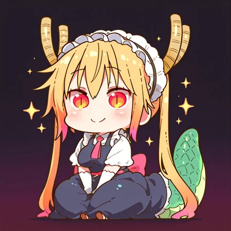 masterpiece, best quality, simple illustration, Tohru, Tohru_(Maidragon) , full body, solo, dark background, sparkles, vivid colors, tail ,happy, sitting, Main Outfit, looking to viewer, chibi, CuteChibi_ST, CTCB_ST
