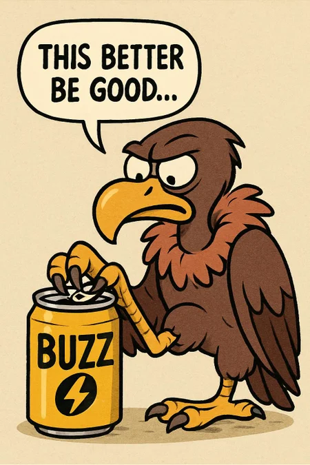 Cartoon art style. A buzzard, trying to open a yellow soda can called BUZZ (the can has a ⚡️logo on it's design) with it's talons with a speech bubble above the bird saying "This better be good..."