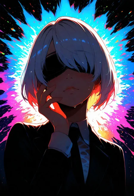 Yorha 2B, masterpiece, best quality, amazing quality, very aesthetic, absurdres, 1 girl, backlighting, blindfold, black, no eyes visible, white hair, blush, wet hair, wet skin, wet clothes, magic circles, sweet expression, looking at viewer, close-up of face, face in shadow, body in shadow, dark setting, strict office suit, thin lips, narrow mouth, solo upper body, angle from above, Dutch angle, hand is not on my cheek, it's raining, soft light, vibrant colors, multicolored rainbow light, focus on face, lots of soft light and colorful particles, colorful, masterpiece, best quality, amazing quality, very aesthetic, absurdres, newest, soft light, explosion of colors, masterpiece, best quality, colorful, bright, multicolored, bright colors of paint, masterpiece, best quality, amazing quality, very aesthetic, absurdres, lots of multicolored rainbow light, focus on the face, lots of soft light, soft colors,