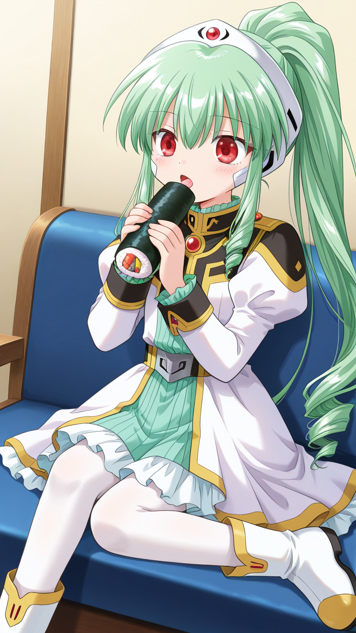 eating, makizushi, open mouth, food, sushi, tongue, solo,, masterpiece, best quality, amazing quality, very aesthetic, absurdres, newest, anime screencap, <lora:checkpoint-e24_s720:1>, vanilla h, kanan, red eyes, green hair, ponytail, drill hair, long hair, sidelocks, hair between eyes, headgear, uniform, white dress, frilled dress, frills, long sleeves, juliet sleeves, pantyhose, white pantyhose, white boots,