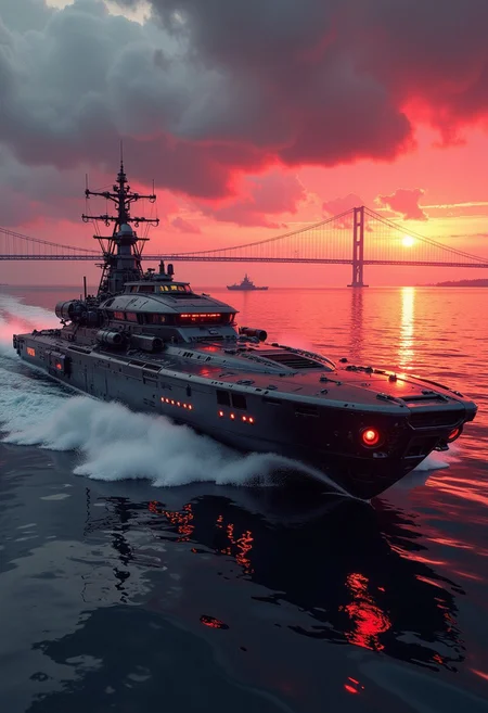 in the style of ck-mgs, A digital artwork in the style of cknc, a_skynet_cyberdyne_craft, the image is featuring a futuristic, highly advanced armoured gunboat equipped with machine guns and torpedos, moving rapidly up an estuary with a large suspension bridge. The hull is made of a dark gunmetal alloy and the hull is a flat wedge-shape with a square front, the cockpit shows glowing led lights, and has a large air intake.  Stormy, red-hued sky, sunset