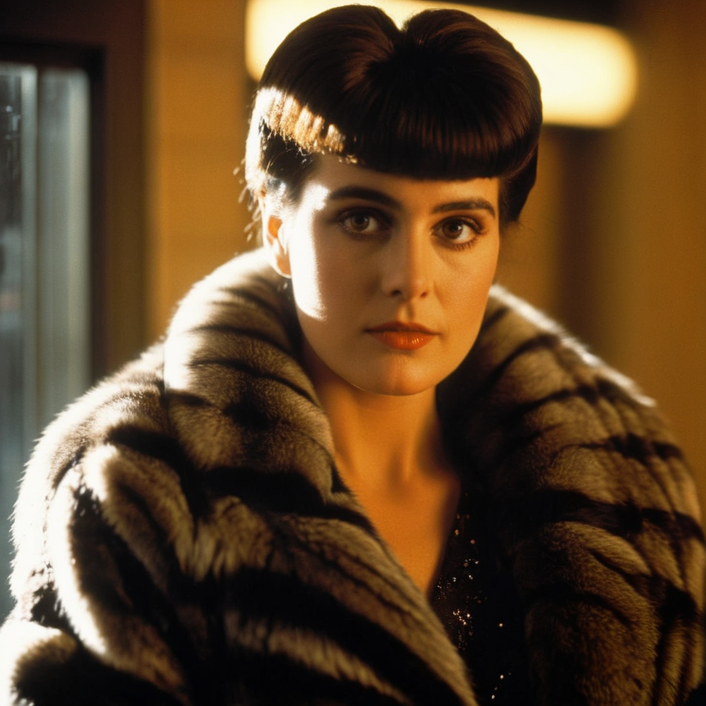 cinematic film still of  <lora:Blade Runner Style:1>
Kodak Eastman 100T 5247 Cinematic 1982 Film Stock Footage of Rachael a woman in a fur coat is staring at the camera to the right with window shaft light ray light onBlade Runner style, shallow depth of field, vignette, highly detailed, high budget, bokeh, cinemascope, moody, epic, gorgeous, film grain, grainy