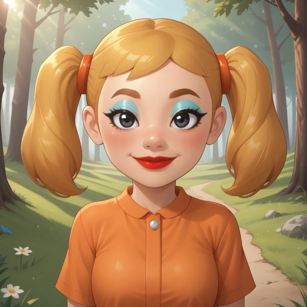 score_9, score_8, BREAK, solo, mii, wii, wii sports, 1girl, female mii, cute, attractive, blonde hair, twintails, dark blonde eyebrows, makeup, blush, blue eyeshadow, red lips, lipstick, orange clothing, white pants, breasts, Nintendo Mii, modern_mii, classic_mii, Midoriya_(OC_Mii), black eyes sexy pose, smile, outdoors, sunlight, shadows, evening lighting, natural lighting, forest, trees, grass, orange sky, sunset