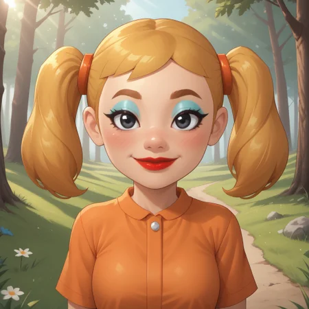 score_9, score_8, BREAK, solo, mii, wii, wii sports, 1girl, female mii, cute, attractive, blonde hair, twintails, dark blonde eyebrows, makeup, blush, blue eyeshadow, red lips, lipstick, orange clothing, white pants, breasts, Nintendo Mii, modern_mii, classic_mii, Midoriya_(OC_Mii), black eyes sexy pose, smile, outdoors, sunlight, shadows, evening lighting, natural lighting, forest, trees, grass, orange sky, sunset