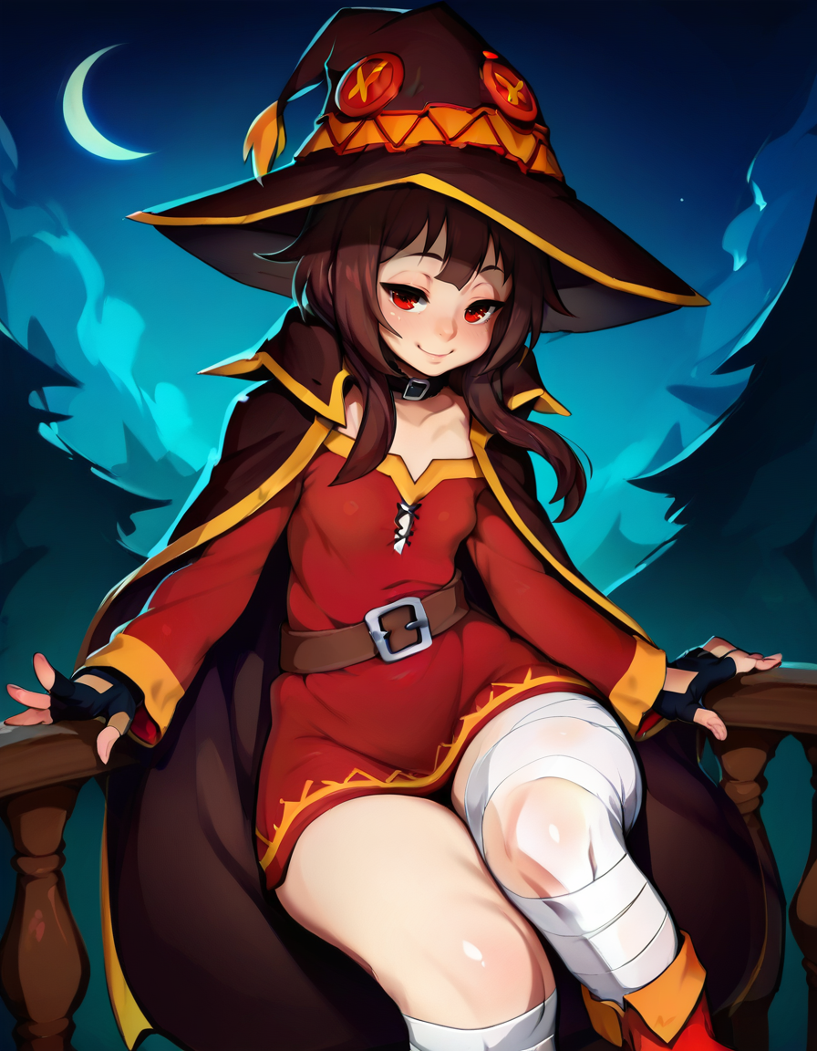 score_9, score_8_up, score_7_up, score_6_up, score_5_up, score_4_up, BREAK , <lora:Venusflower_Artist_Style_ponyXL-000020:1>  solo, cute smile, red_eyes, megumin, small_breasts, half-closed_eyes,witch_hat,bandaged_leg,night_sky, moonlight, leaning on the balcony ,