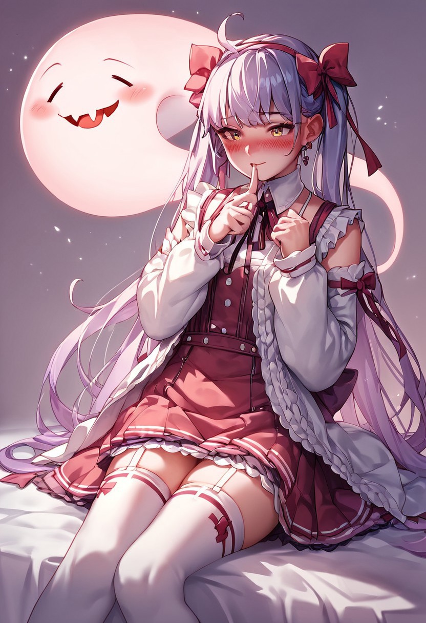 rinotuna, source_anime, score_9, score_8_up, score_7_up, score_6_up, score_5_up, thighhighs, <lora:D4lm4uXLP:1> d4lm4u, 1girl, ghost, blushing