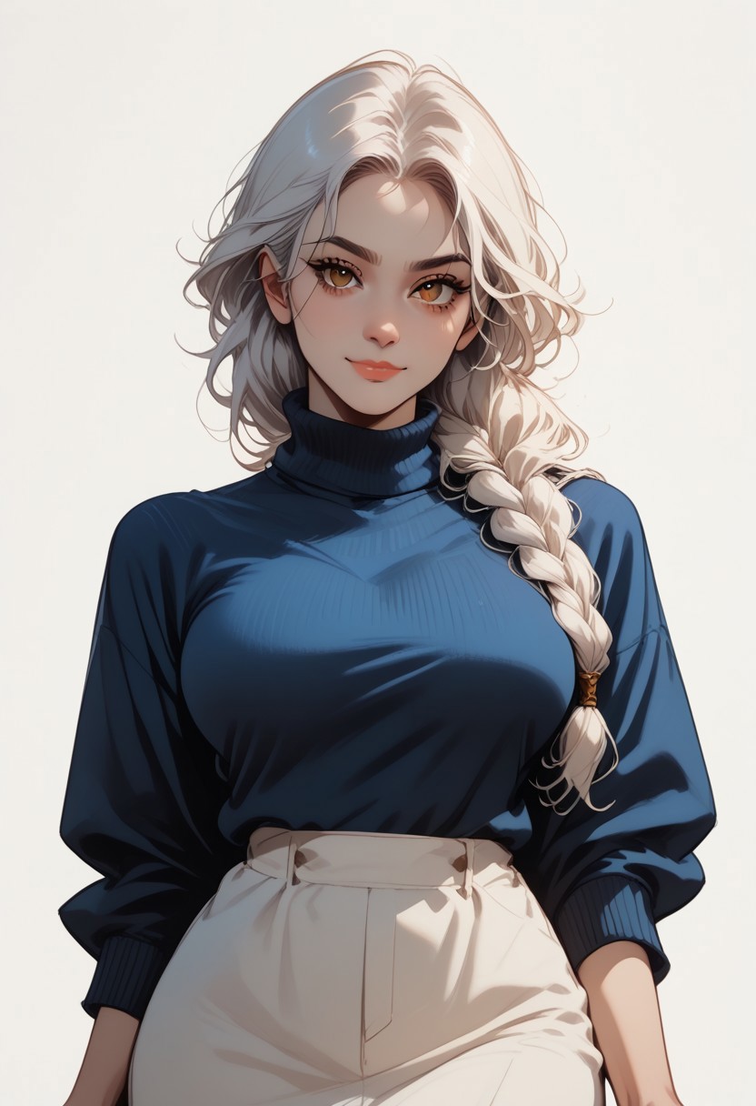 score_9, score_8_up, score_8, score_7_up, score_7, ((close up)), face focus, Expressiveh
BREAK
1girl, solo, bindi, brown eyes, white hair, long hair, single braid over shoulder, large breasts, broad hips, thick thighs, looking at viewer, head tilt, seductive look, aroused, horny, standing, blue turtleneck sweater, light smile
BREAK
white background