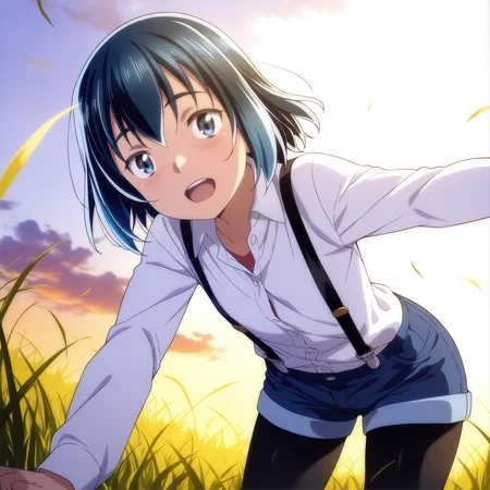 sharp focus, pixiv masterpiece, score_9, score_8_up, source_anime, score_7_up, best quality, high res, absurd res, BREAK
<lora:Hina_hinamatsuri_illustrious_v32:1>, hina_matsuri_il, (1girl, solo:1.6), short_hair, blue_hair, blue_eyes, white_collared_shirt, rolled_sleeves, suspenders, jeans_shorts, cowboy shot, outside, tall grass, yellow grass, sunset,