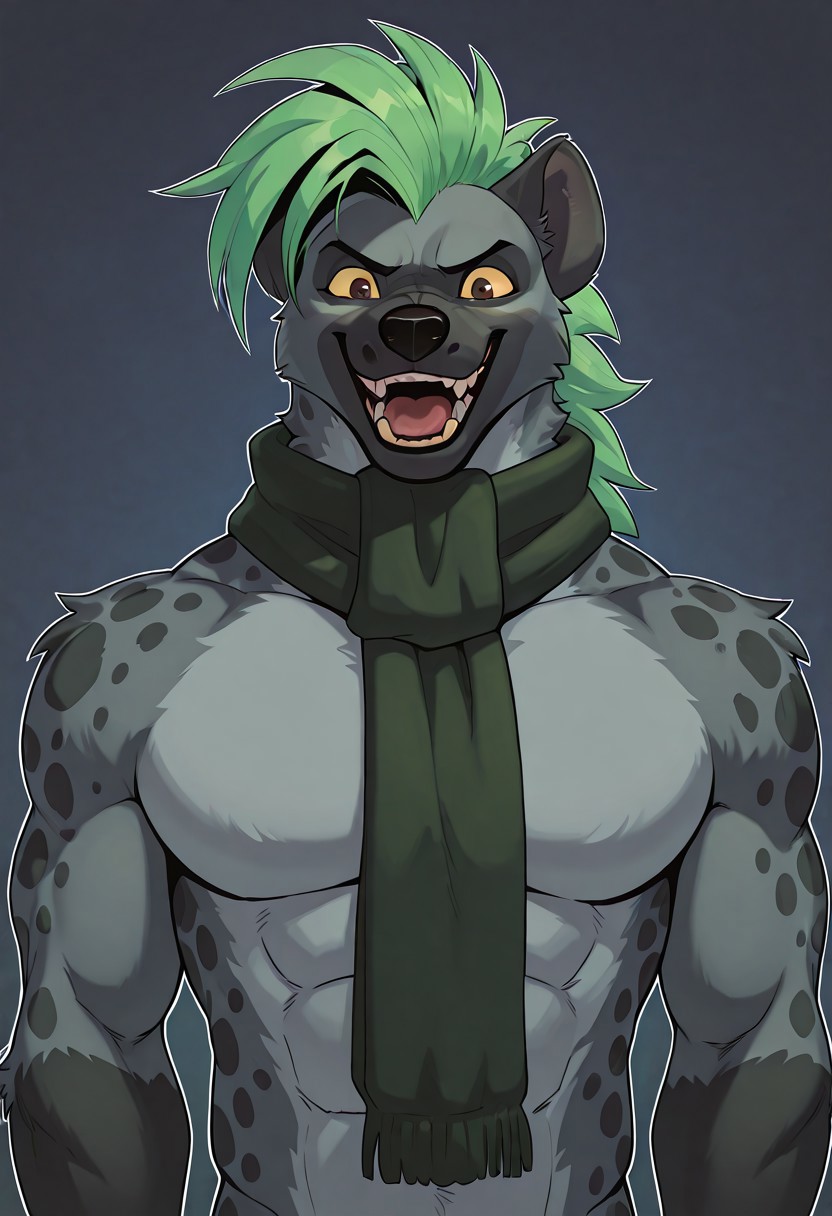 score_9, score_8_up, score_7_up, score_6_up, score_5_up, score_4_up, masterpiece, hires, absurdres, best quality, amazing quality, newest, L0U-Y33N, Hyena, spotted hyena, furry, male, solo 1boi, grey fur, dark grey snout, dark grey ears, dark grey spots, green hair, green mane, long hair, fauxhawk, brown eyes, yellow sclera, anthro hyena, scarf, bara, muscular, laughing