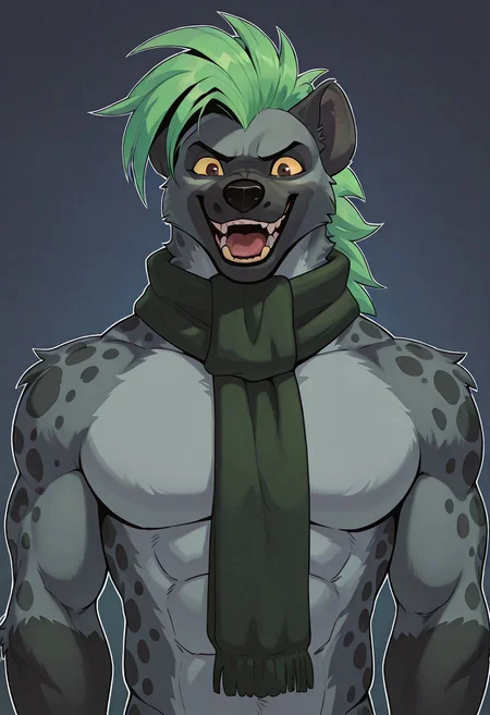 score_9, score_8_up, score_7_up, score_6_up, score_5_up, score_4_up, masterpiece, hires, absurdres, best quality, amazing quality, newest, L0U-Y33N, Hyena, spotted hyena, furry, male, solo 1boi, grey fur, dark grey snout, dark grey ears, dark grey spots, green hair, green mane, long hair, fauxhawk, brown eyes, yellow sclera, anthro hyena, scarf, bara, muscular, laughing