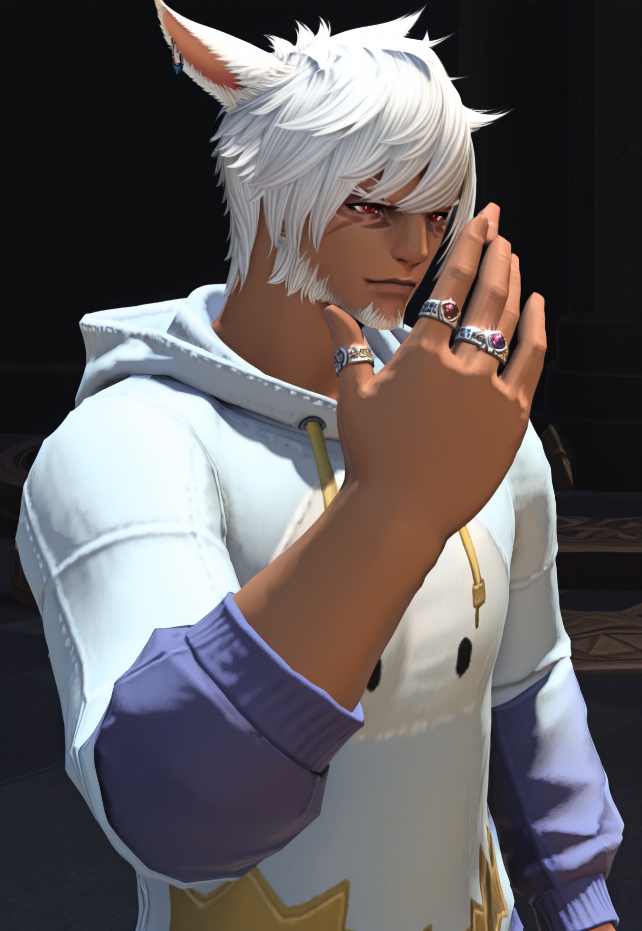 masterpiece, very aesthetic, best quality, absurdres, 3KK4T14, G3NTL3B34N, animal ears, 1boy, solo, miqo'te, male focus, facial hair, dark skin, cat ears, dark-skinned male, jewelry, red eyes, ring, white hair, beard, short hair, upper body, hood, hoodie, long sleeves, hood down, , hand up,