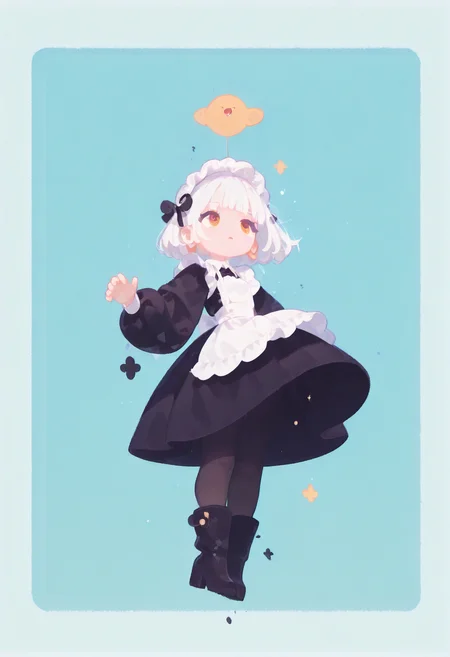 masterpiece, best quality, amazing quality, absurdres, newest, 1girl, solo, 
white hair, bobcut, pastel cyaneyes, blunt bangs, 
tight gossamer very short victorian black maid dress, maid apron, small breast,
simple herbal patterns in aqua  background with thick white border,
subtle fangs peeking out from slightly parted lips, tongue loosely hanging out, distant gaze, emotionless look, (dazed, drooling), 
BREAK,
popping out of background, full body, from below, 
((heroic pose, strong wind, 
dynamic pose)), jumping, 
 skinny upper body, white short high heel boots,
 [skinny upper body], translucent skin, [[chubby thick legs]], bottom heavy,
 thick eyelashes, white long eyelashes, 
ultra-realistic, Flatline, Flat vector illustration, haiz_ai, no lineart, no outline,
pplegs,  tianliang duohe fangdongye,
<lora:haiz_ai_illu:0.8> <lora:flatline:1.65>  <lora:ponyv6_noobE11_2_adamW:0.25>  <lora:Slider-LimbWidth:1.75> <lora:Slider-LegLength:-1.5>  <lora:v0.04_Concept_pony:0.66> <lora:fangdongye_v1.2:0.8>