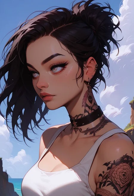 Score_9, Score8_up, Score_7_up, (((High Resolution, Best Quality))), 
1girl, solo, Covered in Tattoos, her hand on her head, brushing hair behind ear, black hair, gold highlight in hair, 
Tanktop, cutoff, choker, 
On a Cliff overlooking a beach, Cloudy Sky,
