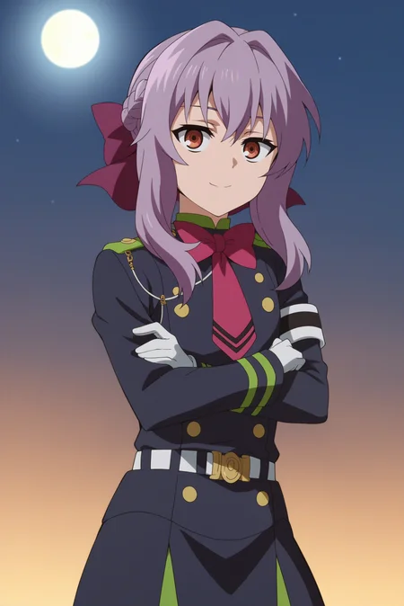 1girl,solo,shinoa hiragi,gloves,long hair,white gloves,uniform,military,braid,purple bow,looking at viewer,smile,outdoors,night time,moon,crossed arms,looking at viewer,cowboy shot <lora:Shinoa_Hiragi_-_Owari_No_Seraph.safetensors:0.8>