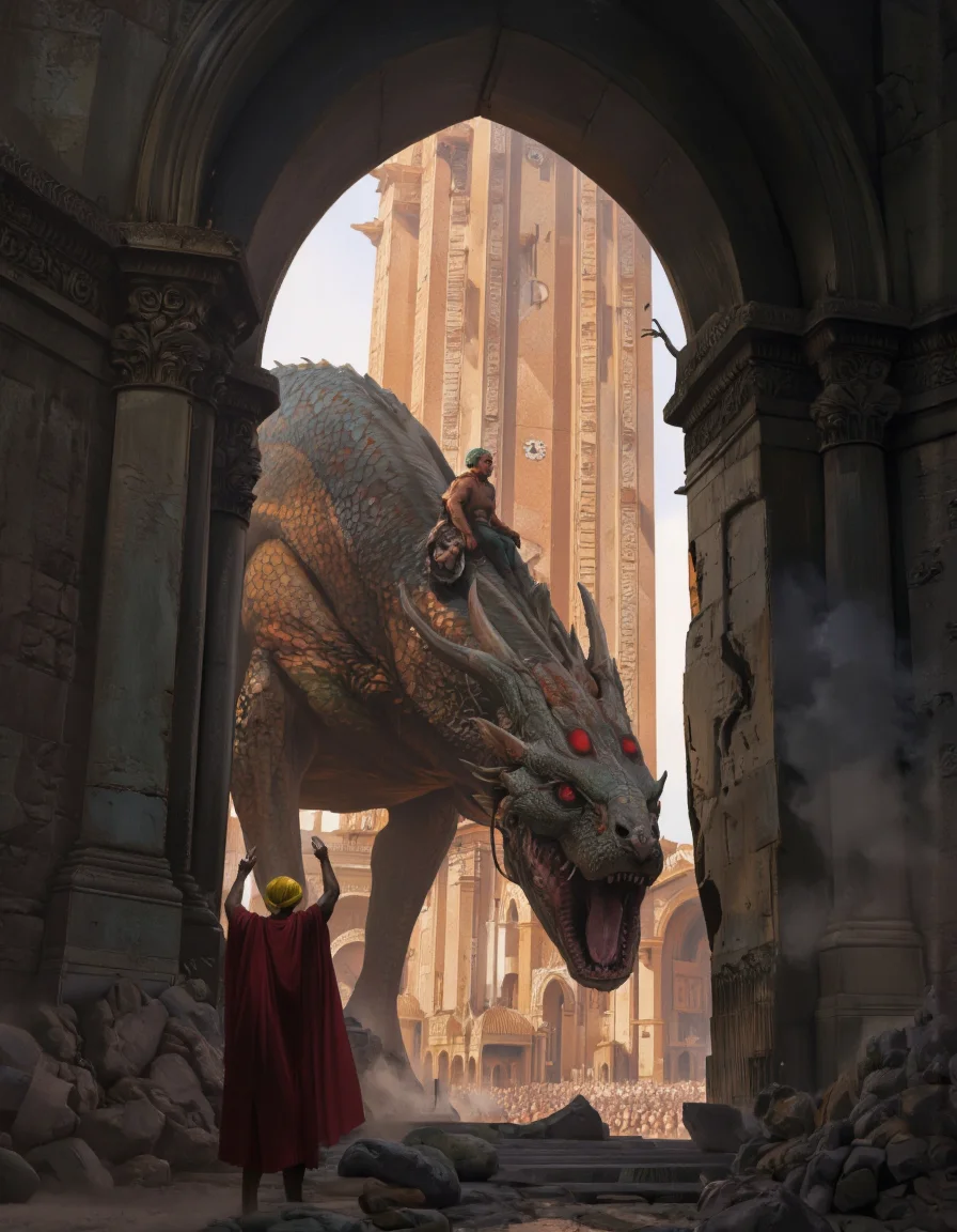 Art by Zhang Jing. A dramatic digital illustration shoot from a far camera angle about a fantastical scene featuring two large, menacing creatures in a ruined cityscape. the scene is set in an arched doorway, with a large, ornate building in the background and a crowd of people in the distance. on the left side of the image, a man, presumably in his late 20s, appears to be standing with his arms raised, wearing a red robe and a yellow turban, while on the right side, another man, in his mid-20s, is sitting on the back of the dragon, facing the viewer. the dragon's scales are intricately detailed and its mouth is open, showing sharp teeth. the man in the red robe is positioned at the front of the scene, while the other man is positioned in the back, facing away from the camera. the overall atmosphere is dramatic and dramatic, with the presence of the two creatures and the grandeur of the cityscape behind them.
