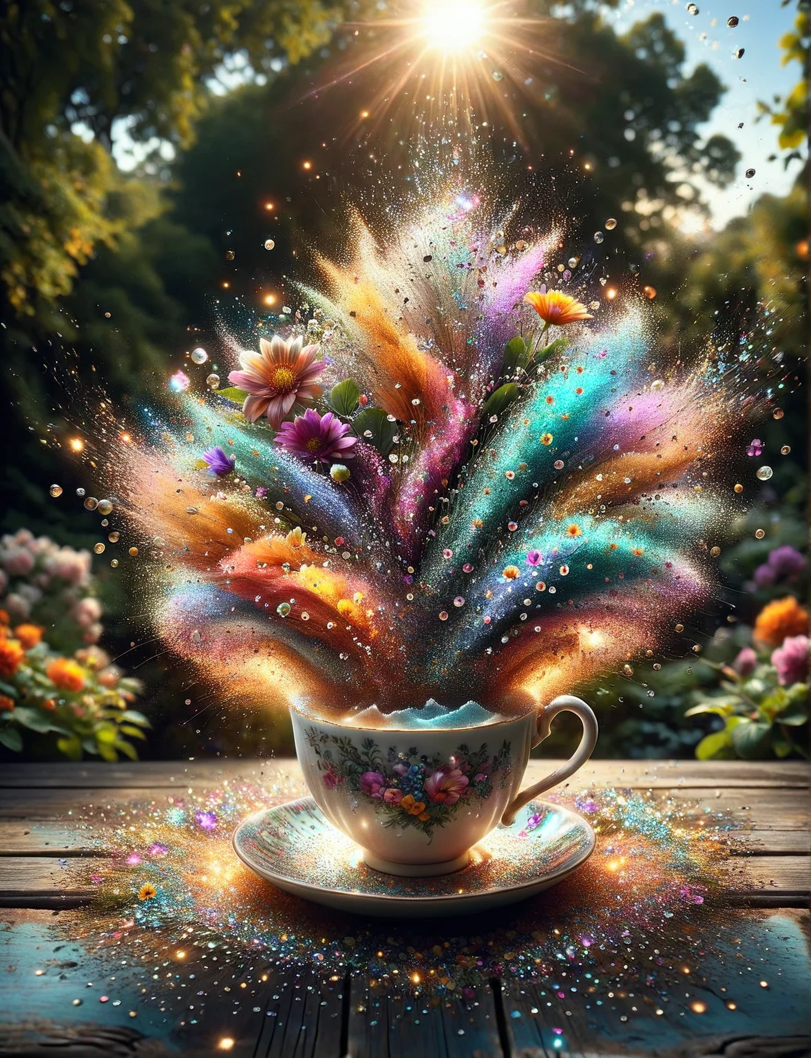 A ais-glttrbmb porcelain teacup, brimming with an explosion of multicolored flora, set upon a rustic wooden table in a sun-dappled garden <lora:ais-glttrbmb-sdxl:1>