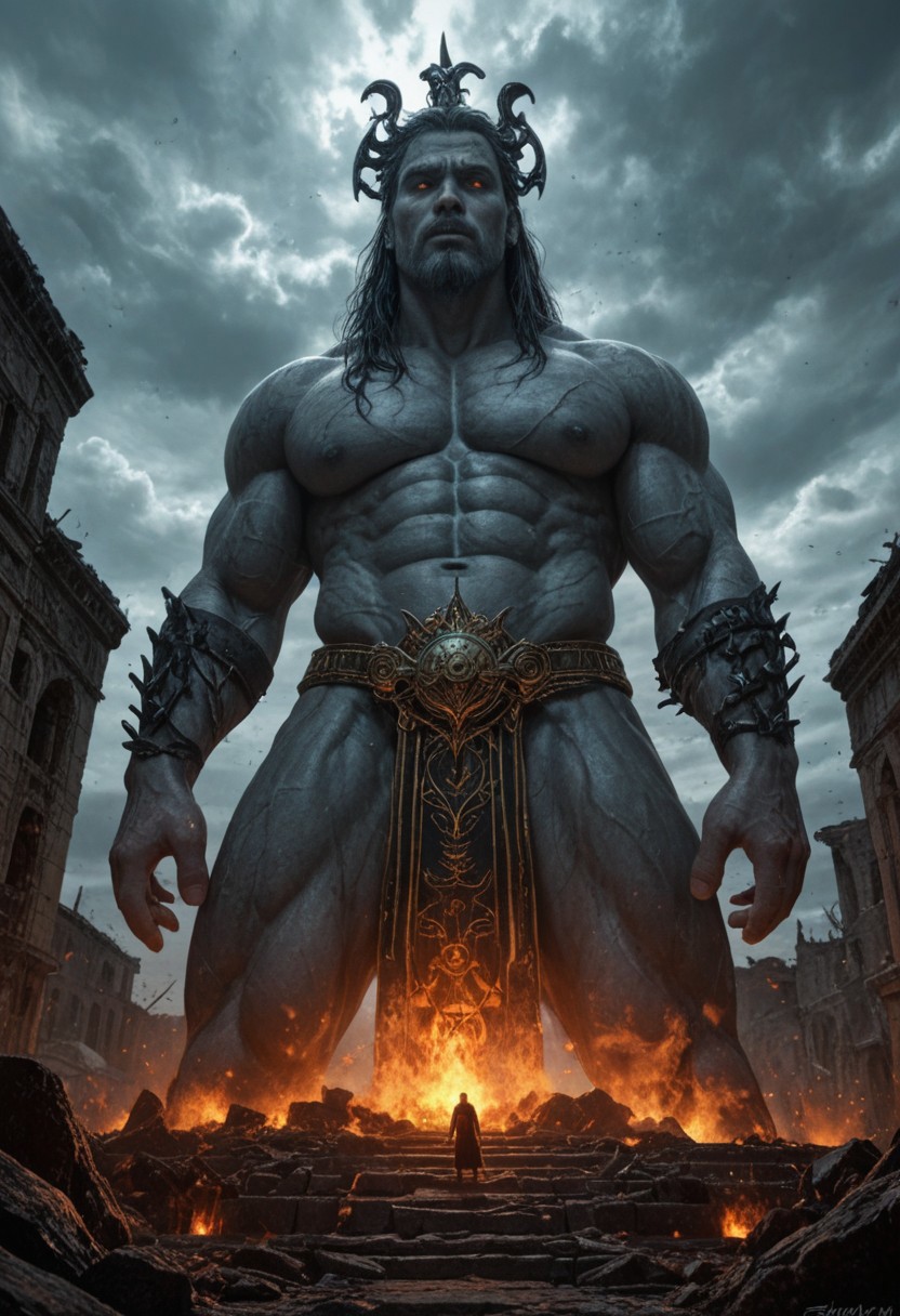 A breathtaking, ultra-detailed depiction of the Nephilim, the legendary giants of the ancient world. Towering over mortals, their colossal, battle-scarred bodies exude both divine power and an eerie, otherworldly presence. Their skin, etched with mystic runes, glows faintly under the stormy heavens, hinting at their celestial origins.
One Nephilim stands at the forefront, his piercing, luminous eyes reflecting both wisdom and sorrow. His face is a fusion of angelic beauty and brutal strength, framed by long, wild hair. Muscles like carved stone, veins like rivers of molten gold, he grips an ornate, oversized weapon—a relic from a forgotten age.
The ruined landscape around them tells of a world shaped by their battles. Scattered ruins, shattered monoliths, and the remnants of long-lost civilizations lay beneath their feet. The air is thick with tension, as if the very ground trembles beneath their presence.
In the distance, a celestial glow pierces through the dark clouds—a divine force watching. Are the Nephilim fallen warriors, tragic exiles, or vengeful demigods? The mystery lingers in their haunting, godlike gaze.
Epic cinematic lighting, hyper-realistic textures, dark fantasy, ancient mythology, towering giants, ethereal atmosphere, divine vs. mortal, ultra-detailed environment