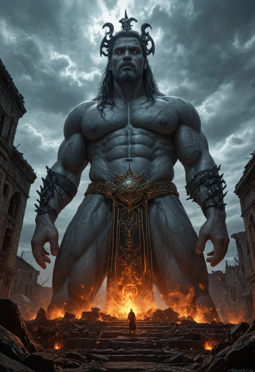 A breathtaking, ultra-detailed depiction of the Nephilim, the legendary giants of the ancient world. Towering over mortals, their colossal, battle-scarred bodies exude both divine power and an eerie, otherworldly presence. Their skin, etched with mystic runes, glows faintly under the stormy heavens, hinting at their celestial origins.
One Nephilim stands at the forefront, his piercing, luminous eyes reflecting both wisdom and sorrow. His face is a fusion of angelic beauty and brutal strength, framed by long, wild hair. Muscles like carved stone, veins like rivers of molten gold, he grips an ornate, oversized weapon—a relic from a forgotten age.
The ruined landscape around them tells of a world shaped by their battles. Scattered ruins, shattered monoliths, and the remnants of long-lost civilizations lay beneath their feet. The air is thick with tension, as if the very ground trembles beneath their presence.
In the distance, a celestial glow pierces through the dark clouds—a divine force watching. Are the Nephilim fallen warriors, tragic exiles, or vengeful demigods? The mystery lingers in their haunting, godlike gaze.
Epic cinematic lighting, hyper-realistic textures, dark fantasy, ancient mythology, towering giants, ethereal atmosphere, divine vs. mortal, ultra-detailed environment