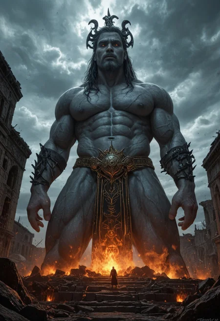 A breathtaking, ultra-detailed depiction of the Nephilim, the legendary giants of the ancient world. Towering over mortals, their colossal, battle-scarred bodies exude both divine power and an eerie, otherworldly presence. Their skin, etched with mystic runes, glows faintly under the stormy heavens, hinting at their celestial origins.
One Nephilim stands at the forefront, his piercing, luminous eyes reflecting both wisdom and sorrow. His face is a fusion of angelic beauty and brutal strength, framed by long, wild hair. Muscles like carved stone, veins like rivers of molten gold, he grips an ornate, oversized weapon—a relic from a forgotten age.
The ruined landscape around them tells of a world shaped by their battles. Scattered ruins, shattered monoliths, and the remnants of long-lost civilizations lay beneath their feet. The air is thick with tension, as if the very ground trembles beneath their presence.
In the distance, a celestial glow pierces through the dark clouds—a divine force watching. Are the Nephilim fallen warriors, tragic exiles, or vengeful demigods? The mystery lingers in their haunting, godlike gaze.
Epic cinematic lighting, hyper-realistic textures, dark fantasy, ancient mythology, towering giants, ethereal atmosphere, divine vs. mortal, ultra-detailed environment