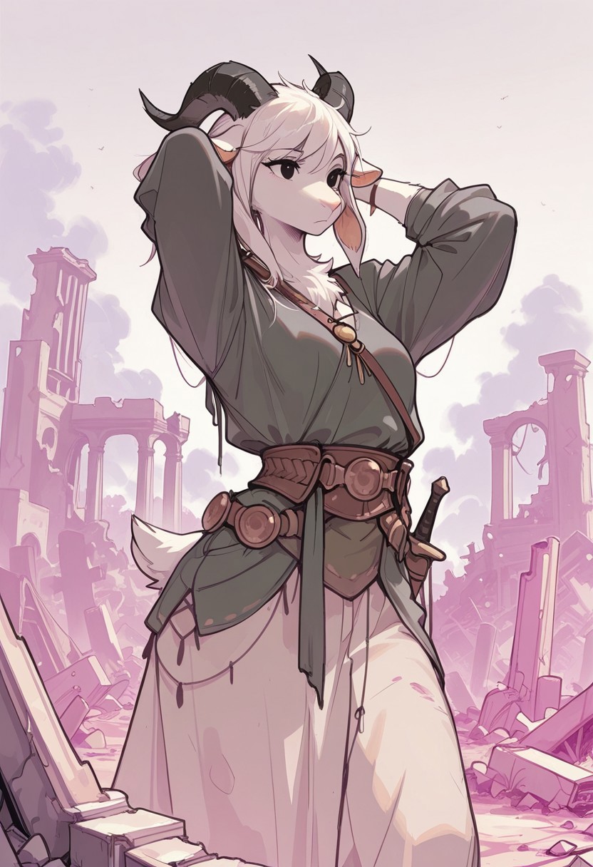 masterpiece, best quality, concept art, 1girl, solo, furry, furry female, goat girl, goat ears, ruins, black eyes, hands behind head