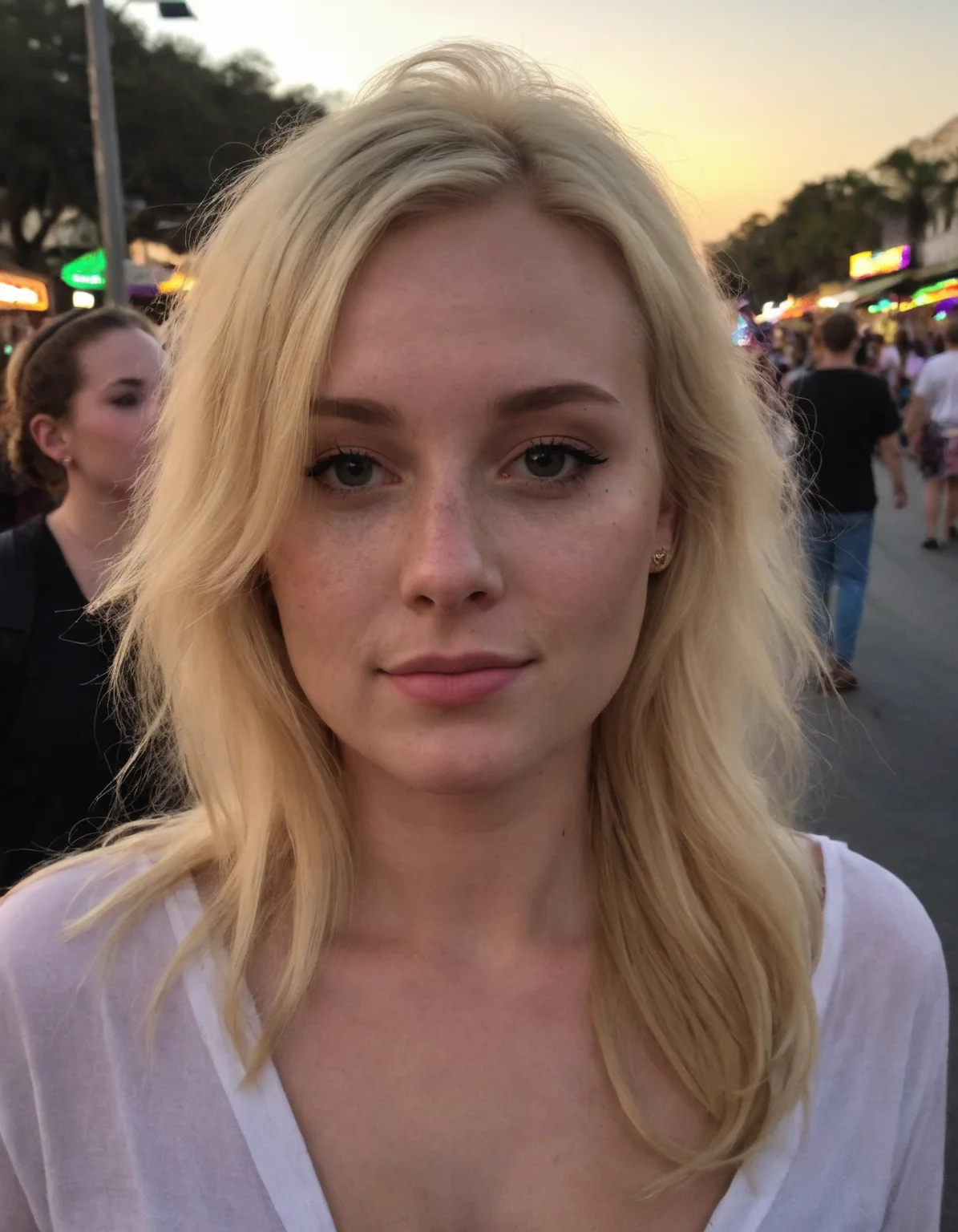 amateur cellphone photography cute woman with blonde hair at mardi gras, sunset, (freckles:0.2) . f8.0, samsung galaxy, noise, jpeg artefacts, poor lighting, low light, underexposed, high contrast