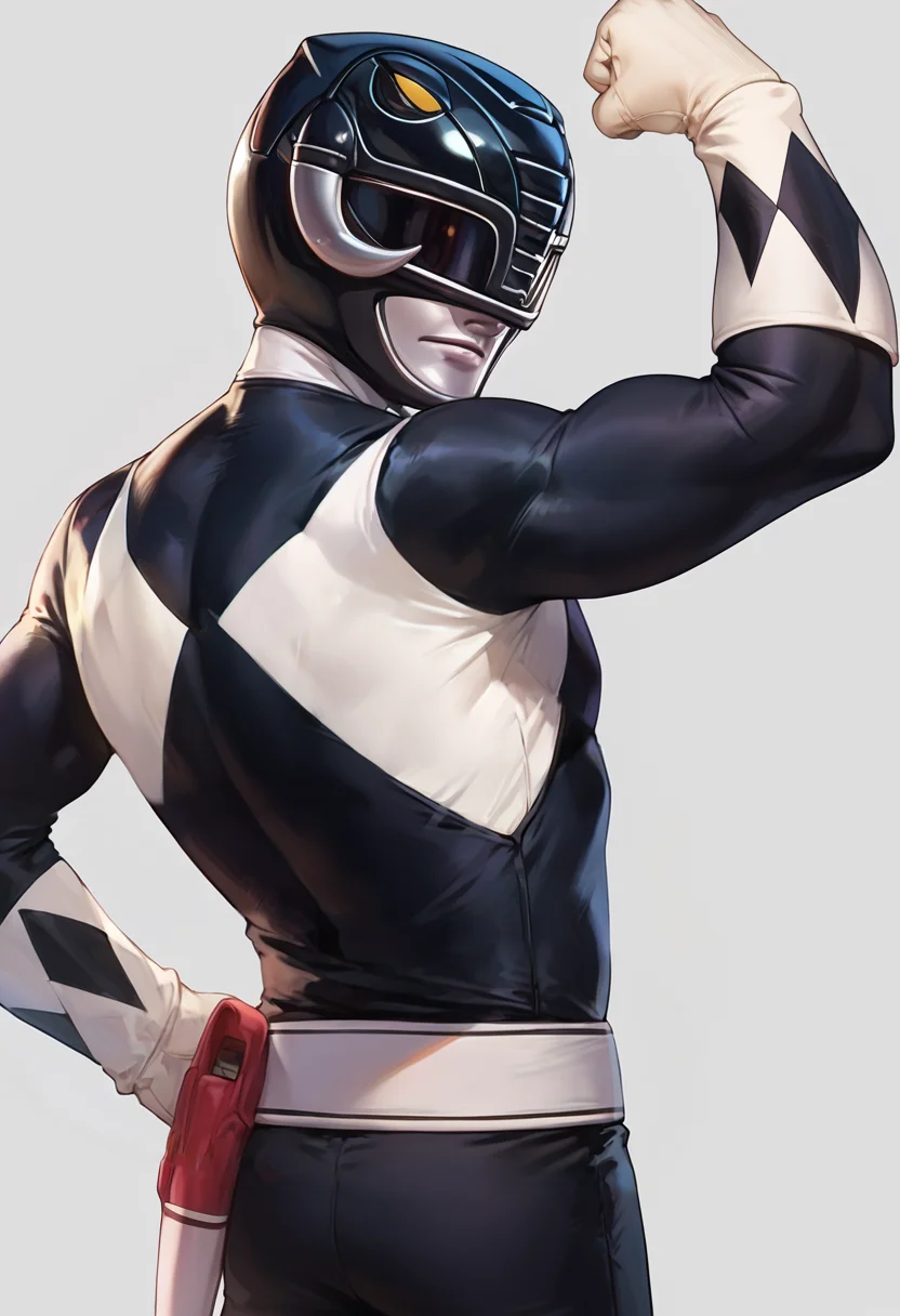 (score_9:0.9),score_8_up,score_7_up,anime style,rating_safe,(zPDXL),<lora:Black Ranger ponyXL v3.5:0.75>,black ranger,1boy,male focus,solo,clenched hands,flexing,clenched hand,from behind,looking back,arms up,