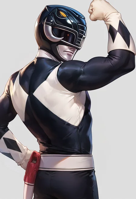 (score_9:0.9),score_8_up,score_7_up,anime style,rating_safe,(zPDXL),<lora:Black Ranger ponyXL v3.5:0.75>,black ranger,1boy,male focus,solo,clenched hands,flexing,clenched hand,from behind,looking back,arms up,