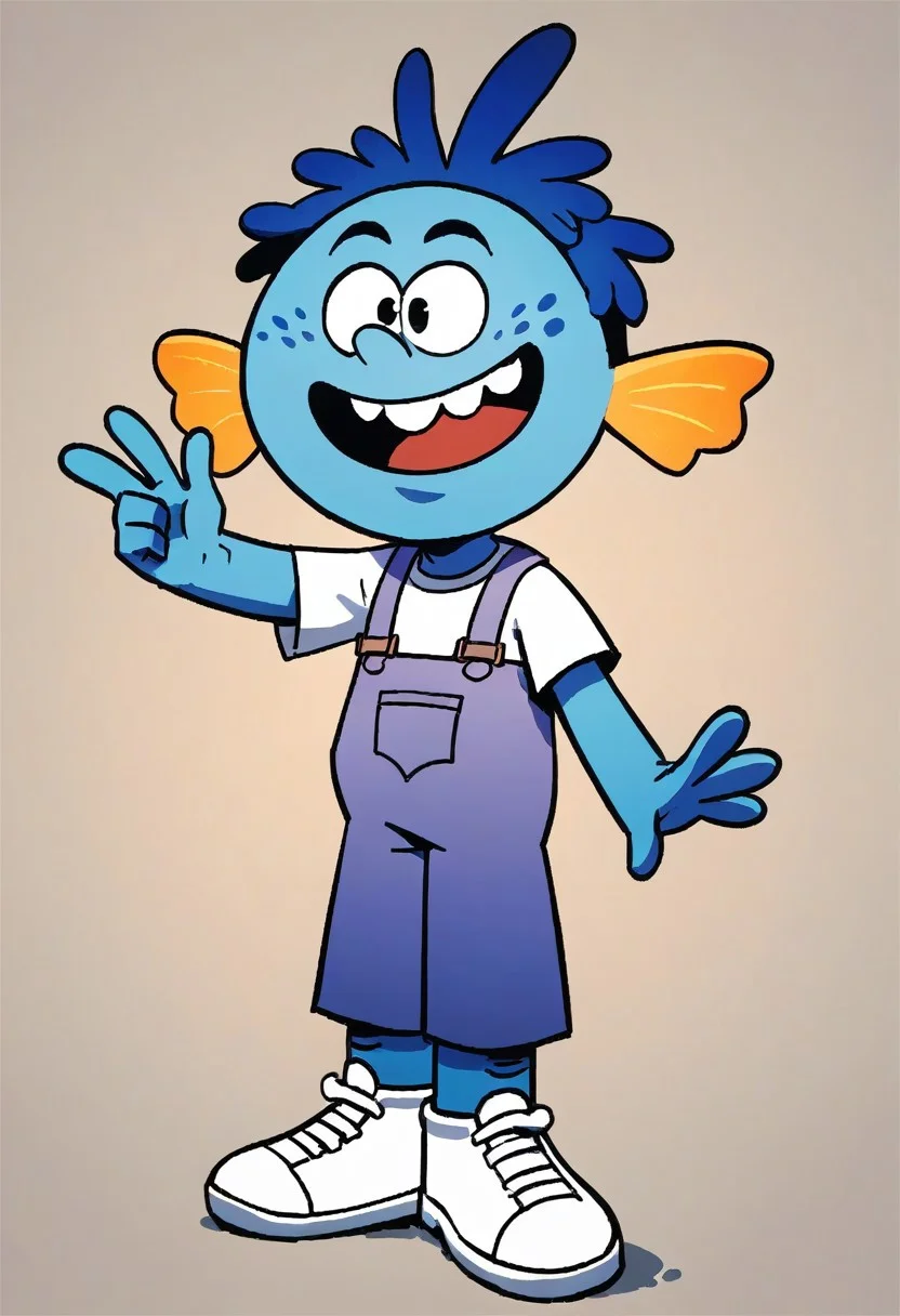 (score_9 | score_8_up | score_7_up) ((masterpiece:1))(best quality,very high quality,ultra detailed:1.2) (2D,cartoon style,anime style)(Smooth:2)(clean blurring) (four fingers on each hand,one thumb on each hand:1), Leon Loud, solo, 1boy, two strands of hair, teeth, white shirt, lavender overalls, white booties, light aquamarine skin color, dark-blue tentacle hair, freckles, large fins acting as ears