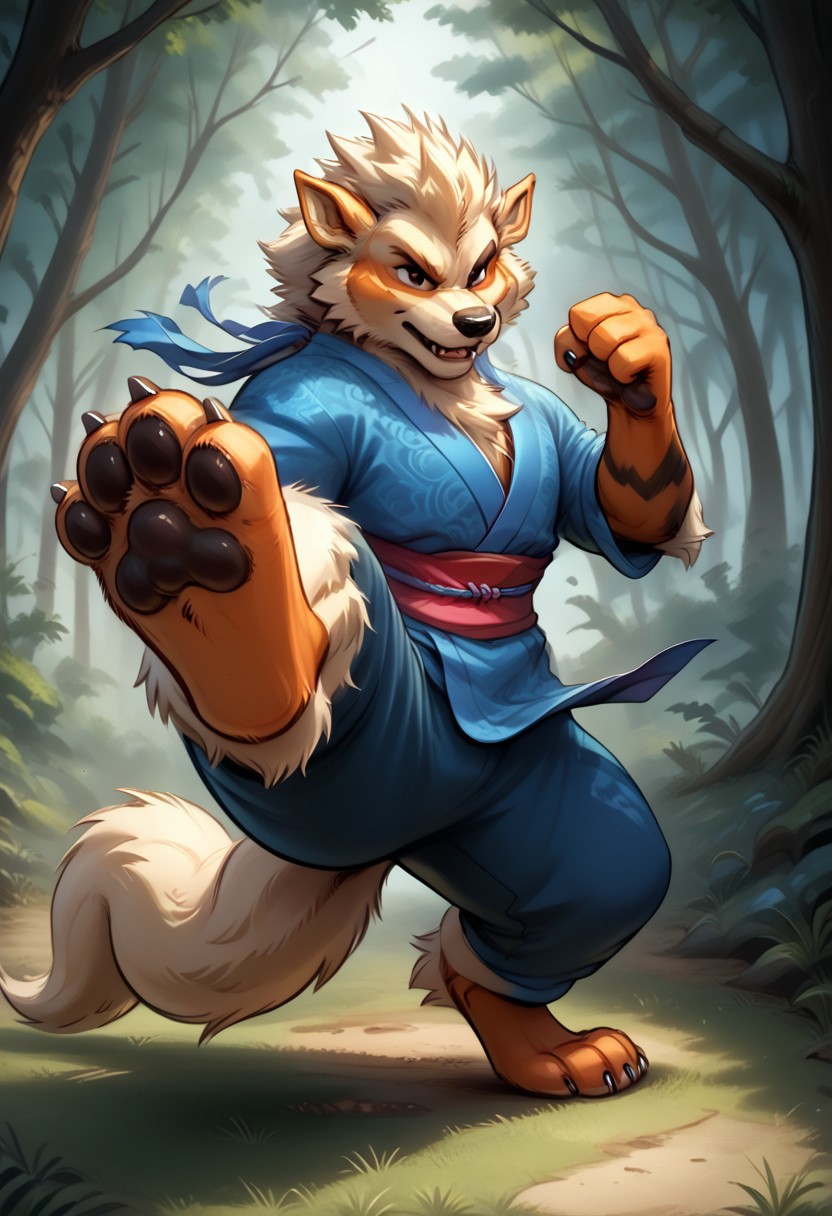 (((Barefoot furry character, full body, cinematic setting, furry male, plantigrade))) 
(((Arcanine))), ((blue kimono and pants, training kung-fu on training ground in the forest, fighting stance, dynamic pose, perform side kick)), (((nice feet paws, three toes, claws, pawpad)))
BREAK, intricate details, highly detailed, extreme detail, octane render, fine art, best quality, highres, (detailed face:1.5), ((full_body)), UHD, (((perfect hands))), low light