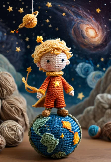 the little prince standing on small planet in starry sky, by saint exupery, crocheted style